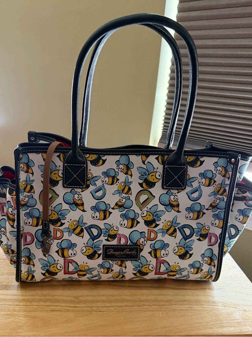 Dooney & Bourke White Bee Print Tote with Black Trim
